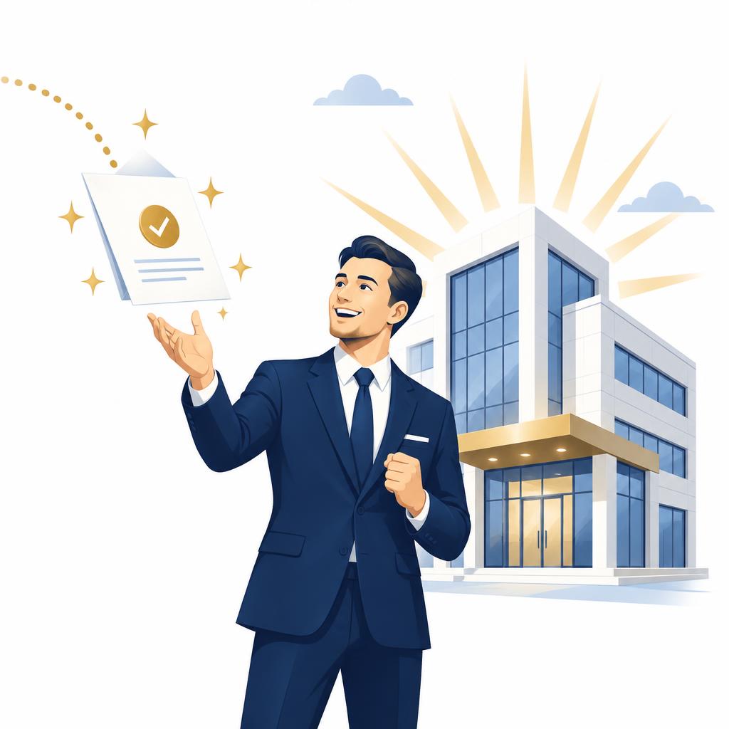 A business owner happily receiving a payment notice in front of the company building