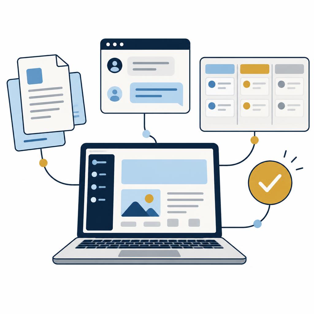 Illustration of everyday business systems — documents, messages, a project board and an approval — connected to a laptop